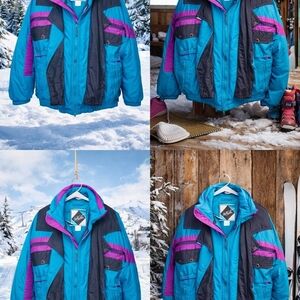 Vintage 90s Colorblock Ski Jacket Teal Purple Retro Winter Coat Unisex